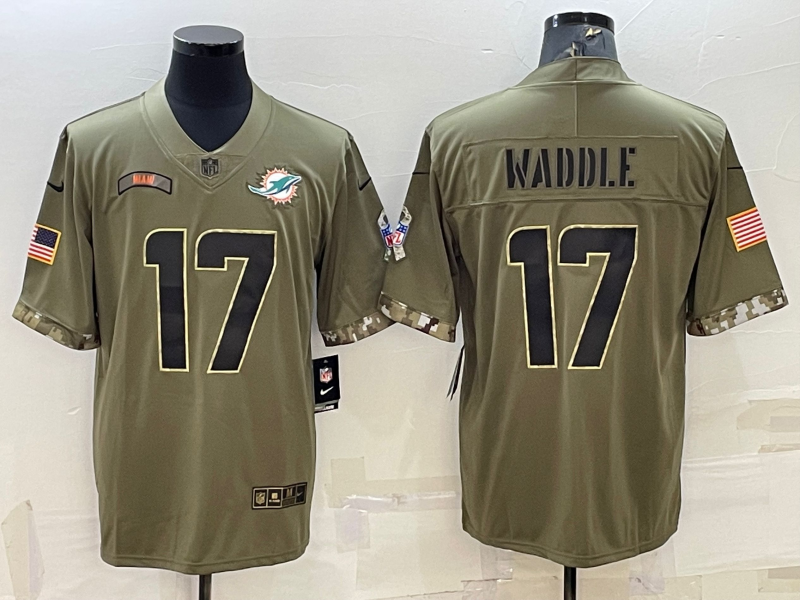 Men's Miami Dolphins Jaylen Waddle #17 Olive 2022 Salute To Service Limited jersey