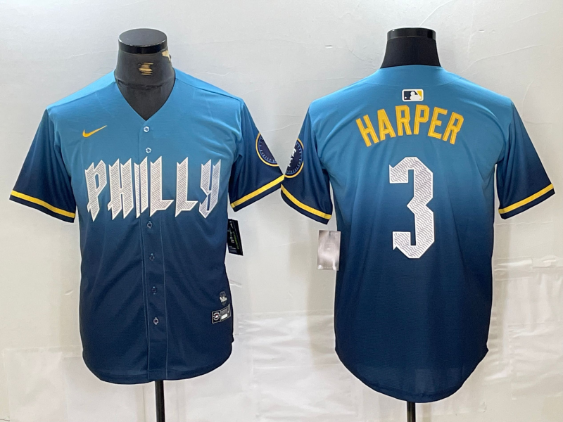Men's Philadelphia Phillies Bryce Harper #3 Blue 2024 City Connect Limited Player jersey