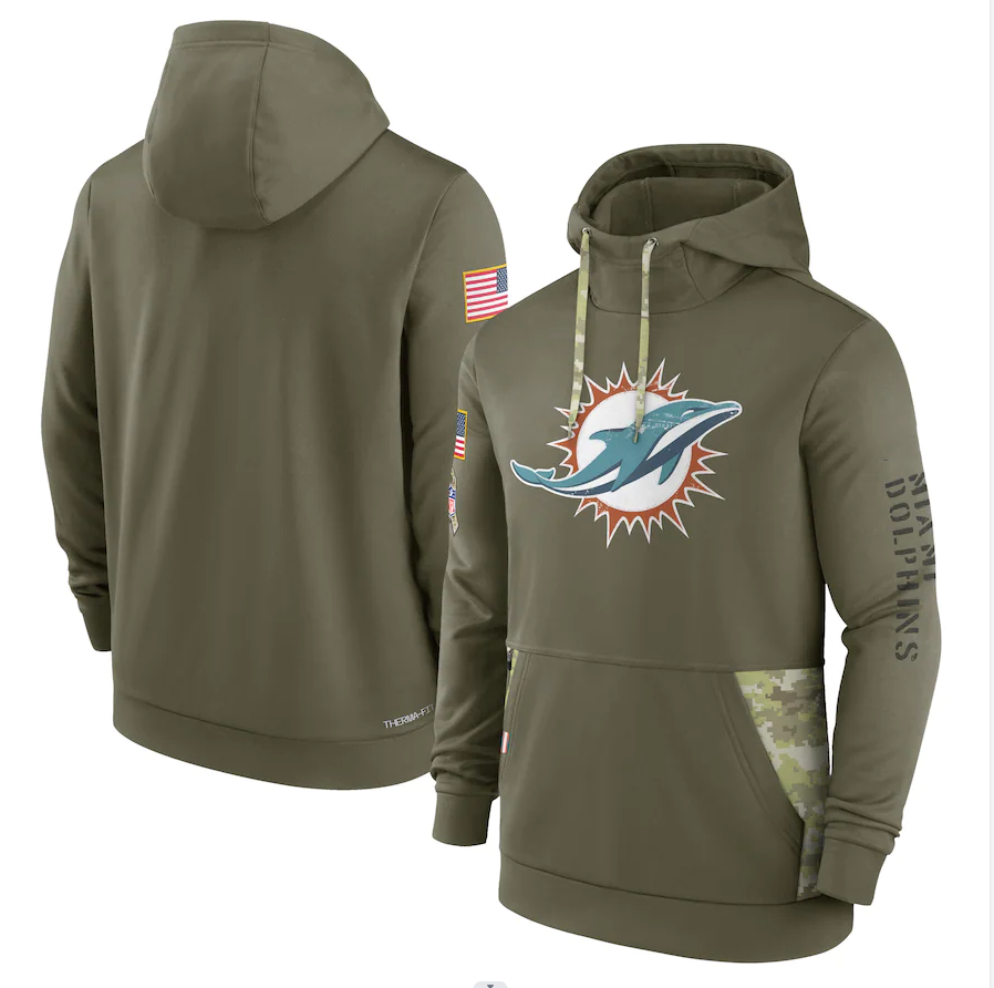 Men's Miami Dolphins Olive 2022 Salute to Service Therma Performance Pullover Hoodie1