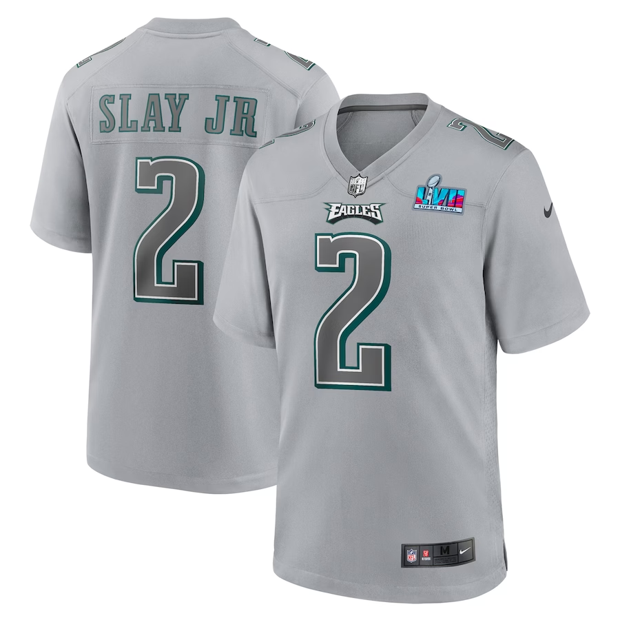 Men's Philadelphia Eagles Darius Slay Jr. #2 Gray Super Bowl LVII Patch Atmosphere Fashion Game jersey