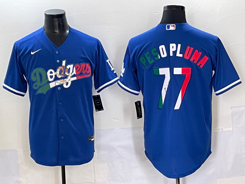 Men's Los Angeles Dodgers Peso Pluma #77 Royal Replica Player Jersey