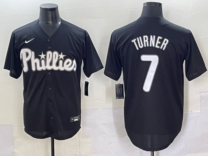 Men's Philadelphia Phillies Trea Turner #7 Black Lights Out Replica Jersey