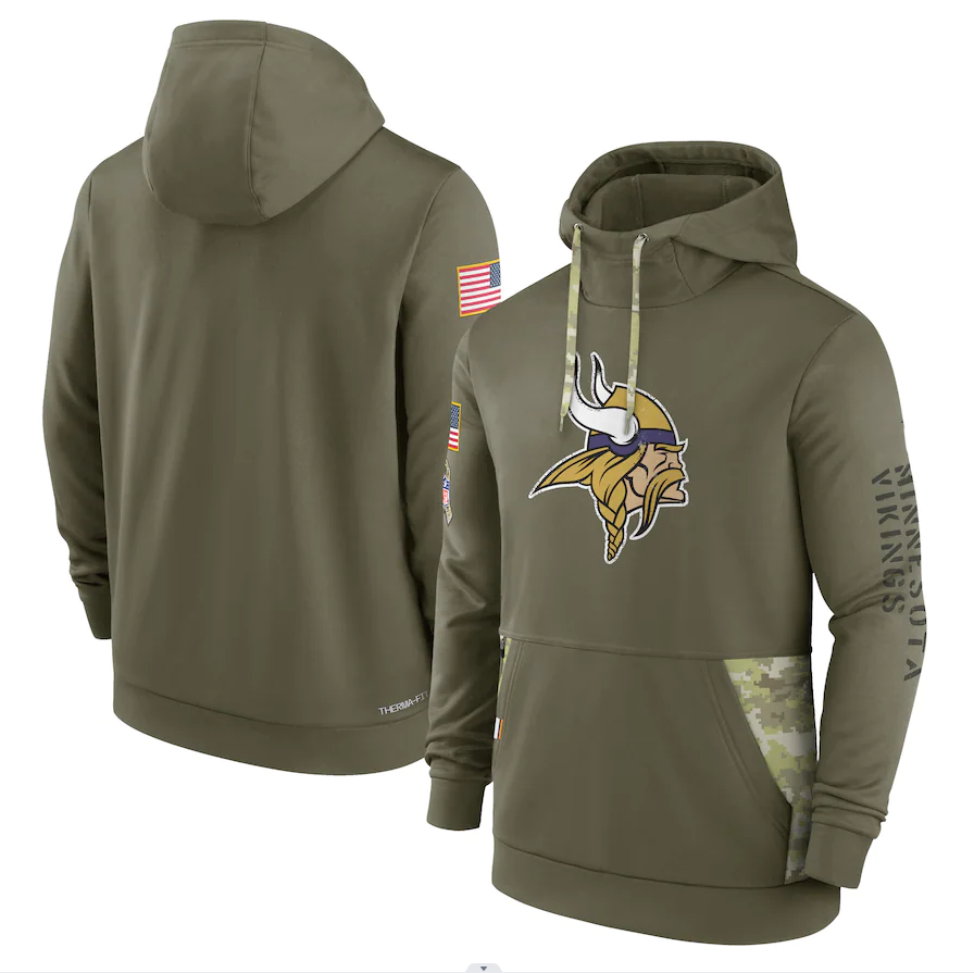 Men's Minnesota Vikings Olive 2022 Salute to Service Therma Performance Pullover Hoodie1