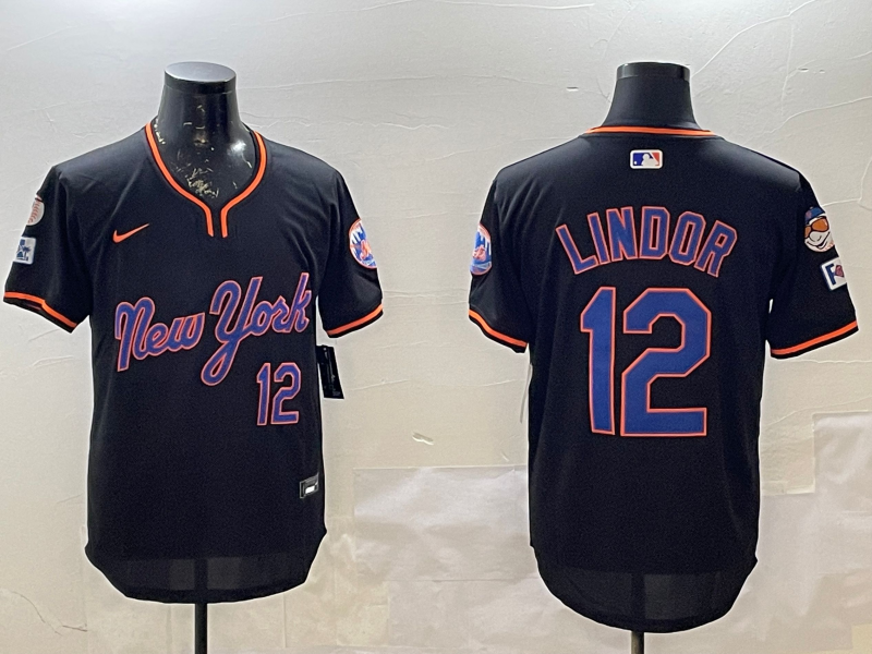 Men's New York Mets Francisco Lindor #12 Black Replica Player jersey