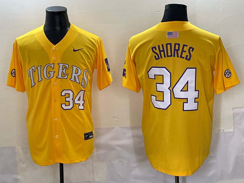 Men's LSU Tigers Chase Shores #34 Yellow Replica Player Jersey