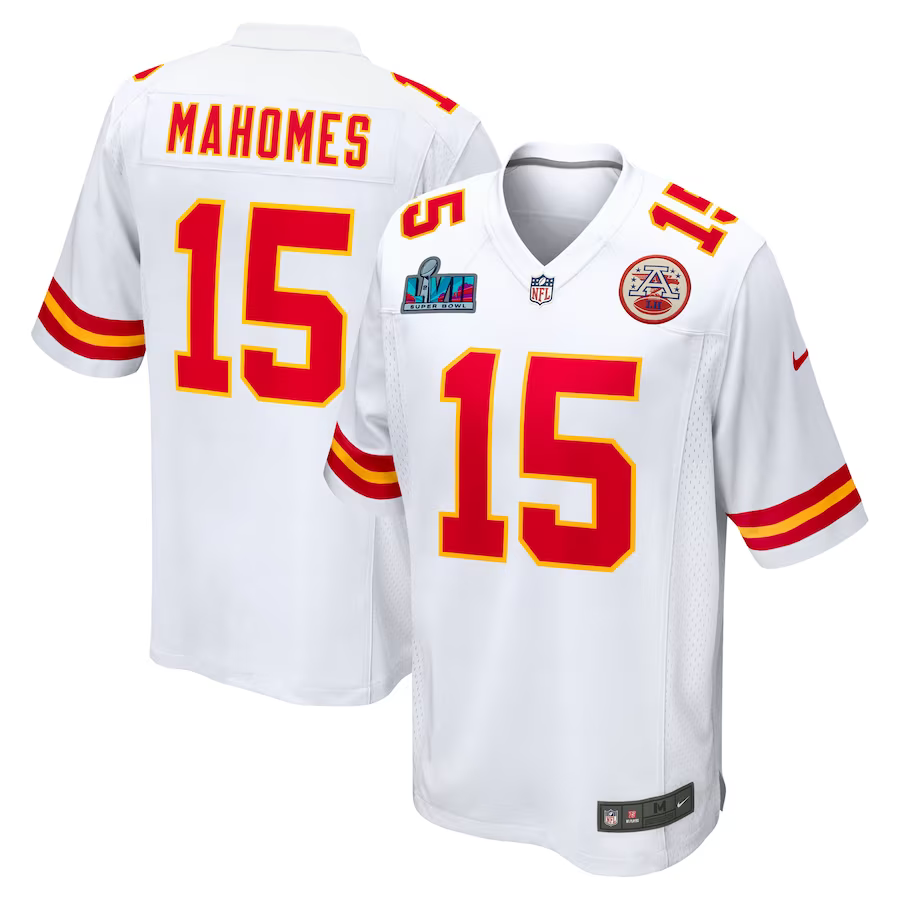 Men's Kansas City Chiefs Patrick Mahomes #15 White Super Bowl LVII Patch Away Game jersey