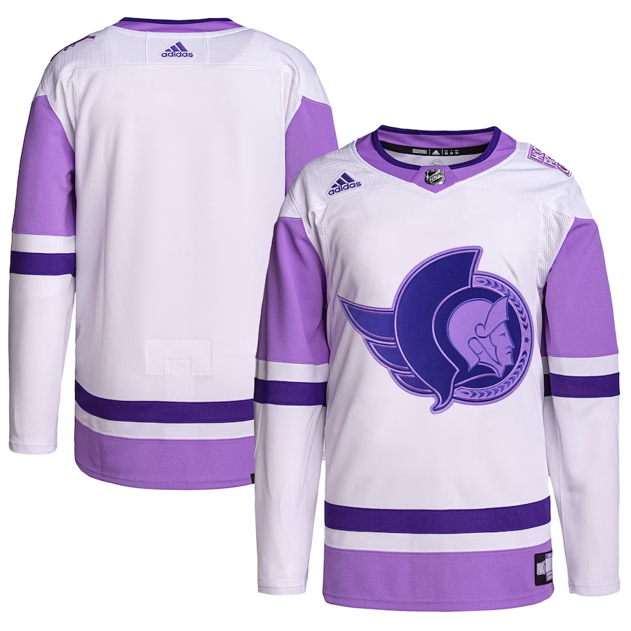 Men's Ottawa Senators White/Purple Hockey Fights Cancer Primegreen Authentic Blank Practice Blank jersey