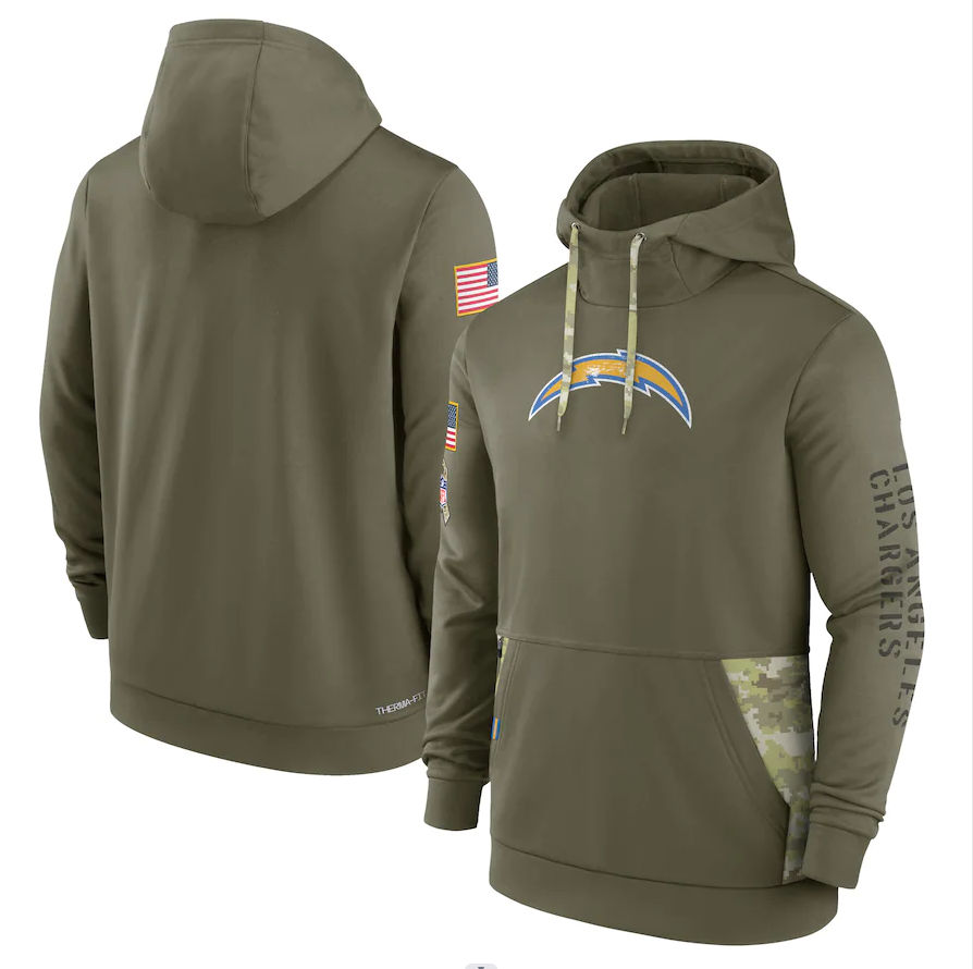 Men's Los Angeles Chargers Olive 2022 Salute to Service Therma Performance Pullover Hoodie1