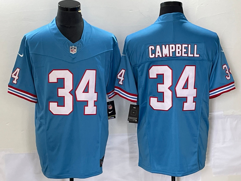 Men's Tennessee Titans Earl Campbell #34 Light Blue Oilers Throwback Retired Player Game jersey