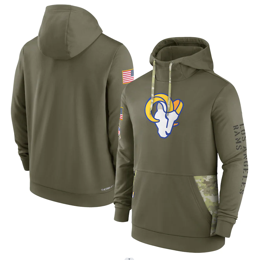 Men's Los Angeles Rams Olive 2022 Salute to Service Therma Performance Pullover Hoodie1