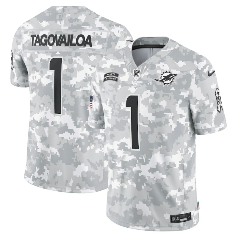Men's Miami Dolphins Tua Tagovailoa #1 Arctic Camo 2024 Salute to Service Limited jersey