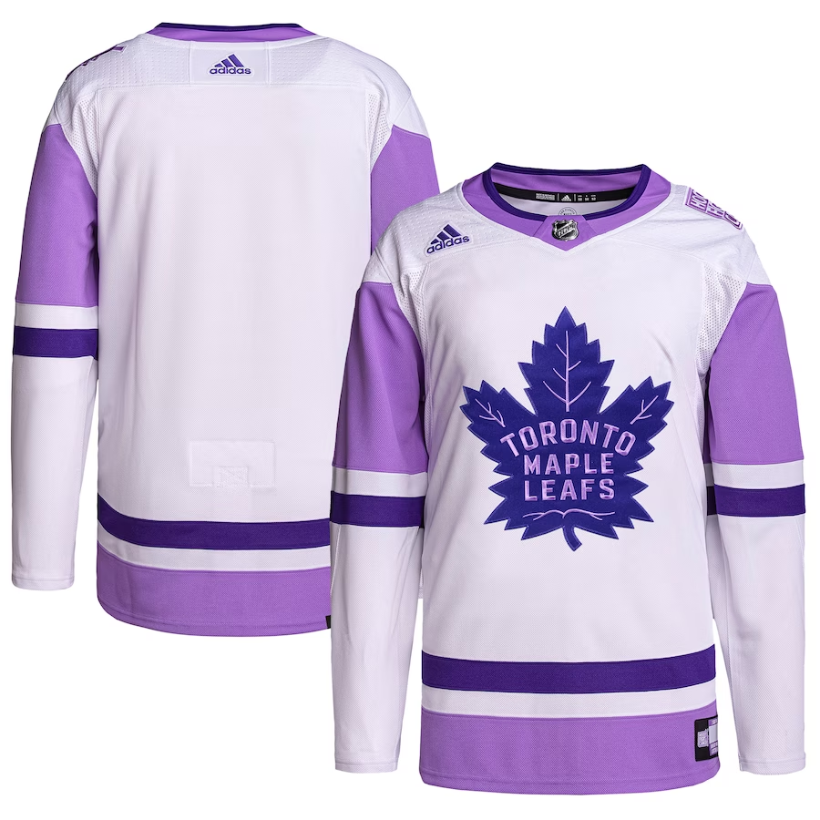 Men's Toronto Maple Leafs White/Purple Hockey Fights Cancer Primegreen Authentic Blank Practice jersey