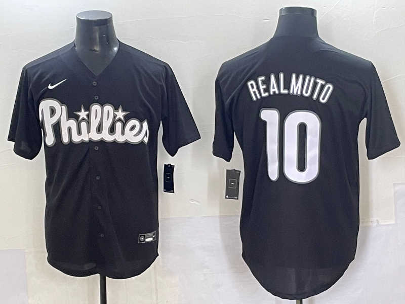 Men's Philadelphia Phillies JT Realmuto #10 Black Lights Out Replica Jersey