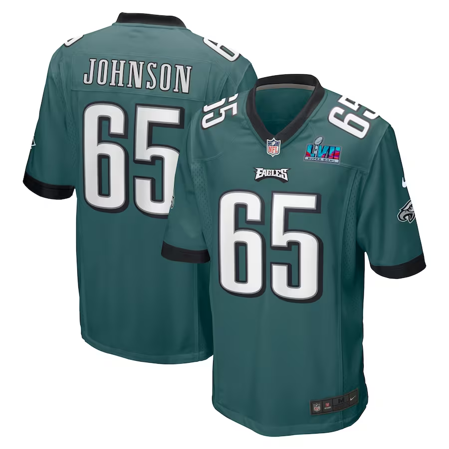 Men's Philadelphia Eagles Lane Johnson #65 Midnight Green Super Bowl LVII Patch Game jersey