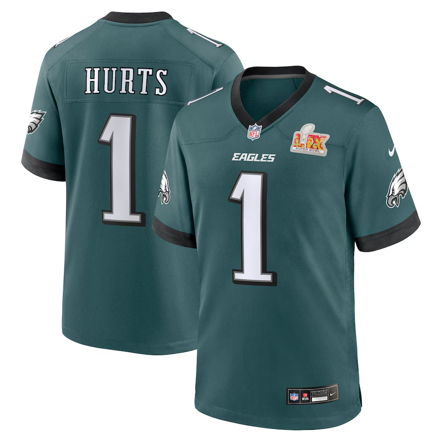 Men's Philadelphia Eagles Jalen Hurts #1 Midnight Green Super Bowl LIX Game Player jersey
