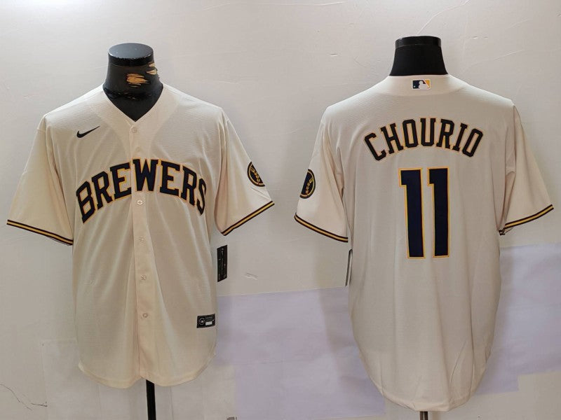 Men's Milwaukee Brewers Jackson Chourio #11 Cream Home Limited Player jersey