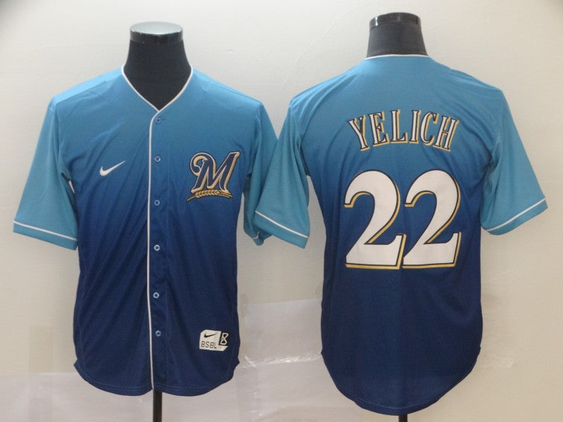 Men's Milwaukee Brewers Christian Yelich #22 MLB Blue Gradient jersey