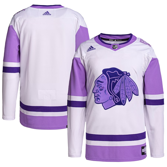 Men's Chicago Blackhawks White/Purple Hockey Fights Cancer Primegreen Authentic Blank Practice jersey