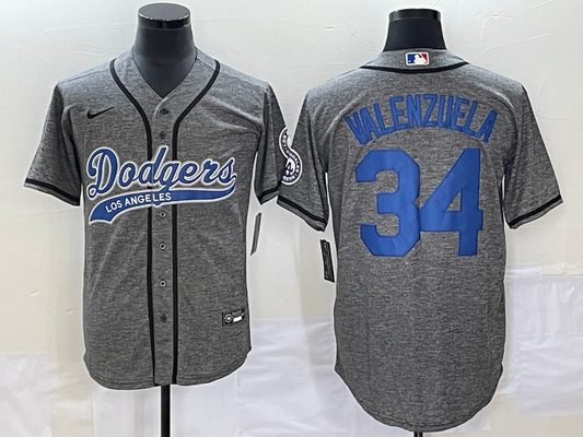 Men's Los Angeles Dodgers Fernando Valenzuela #34 Gray Game jersey Joint Edition