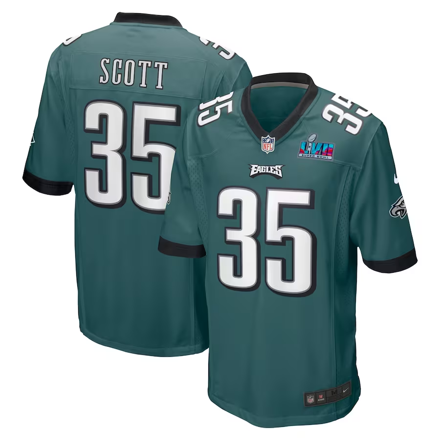 Men's Philadelphia Eagles Boston Scott #35 Midnight Green Super Bowl LVII Patch Game jersey