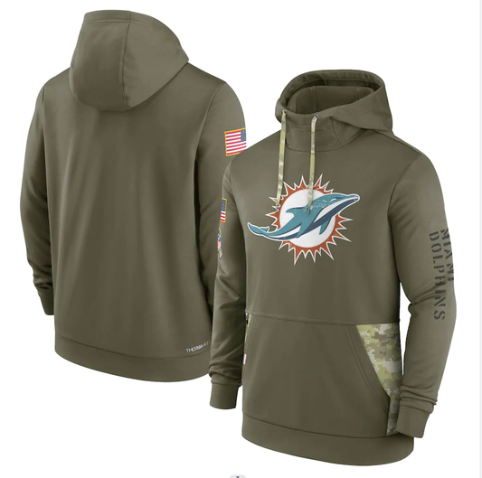 Men's Miami Dolphins Olive 2022 Salute to Service Therma Performance Pullover Hoodie1