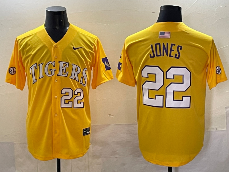 Men's LSU Tigers Jared Jones #22 Yellow Replica Player Jersey