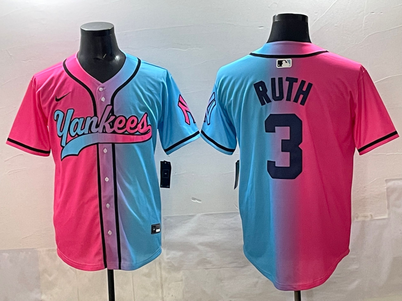 Men's New York Yankees Babe Ruth #3 Pink/Blue Player Jersey