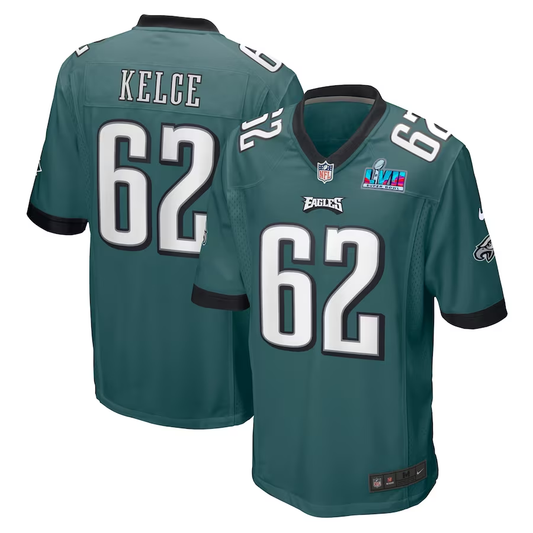 Men's Philadelphia Eagles Jason Kelce #62 Midnight Green Super Bowl LVII Patch Game jersey