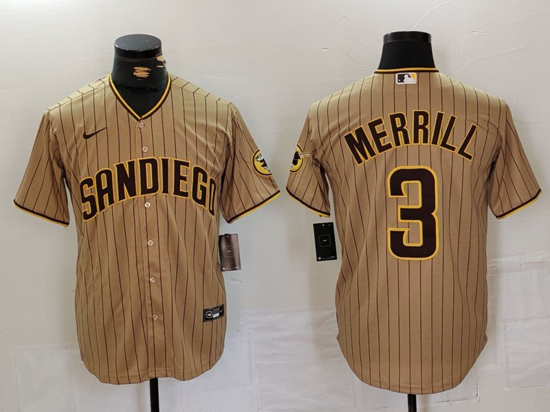 Men's San Diego Padres Jackson Merrill #3 Tan Replica Player jersey