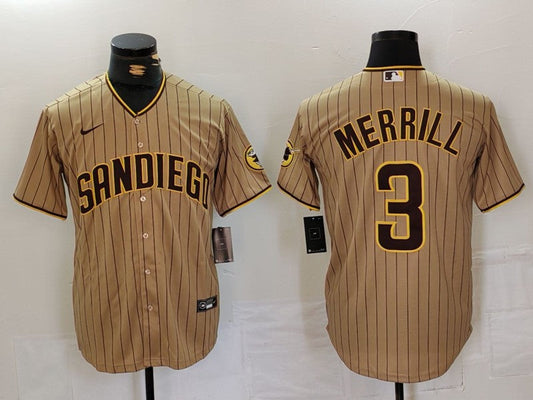 Men's San Diego Padres Jackson Merrill #3 Tan Replica Player jersey