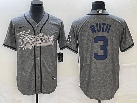 Men's New York Yankees Babe Ruth #3 Gray Game jersey Joint Edition
