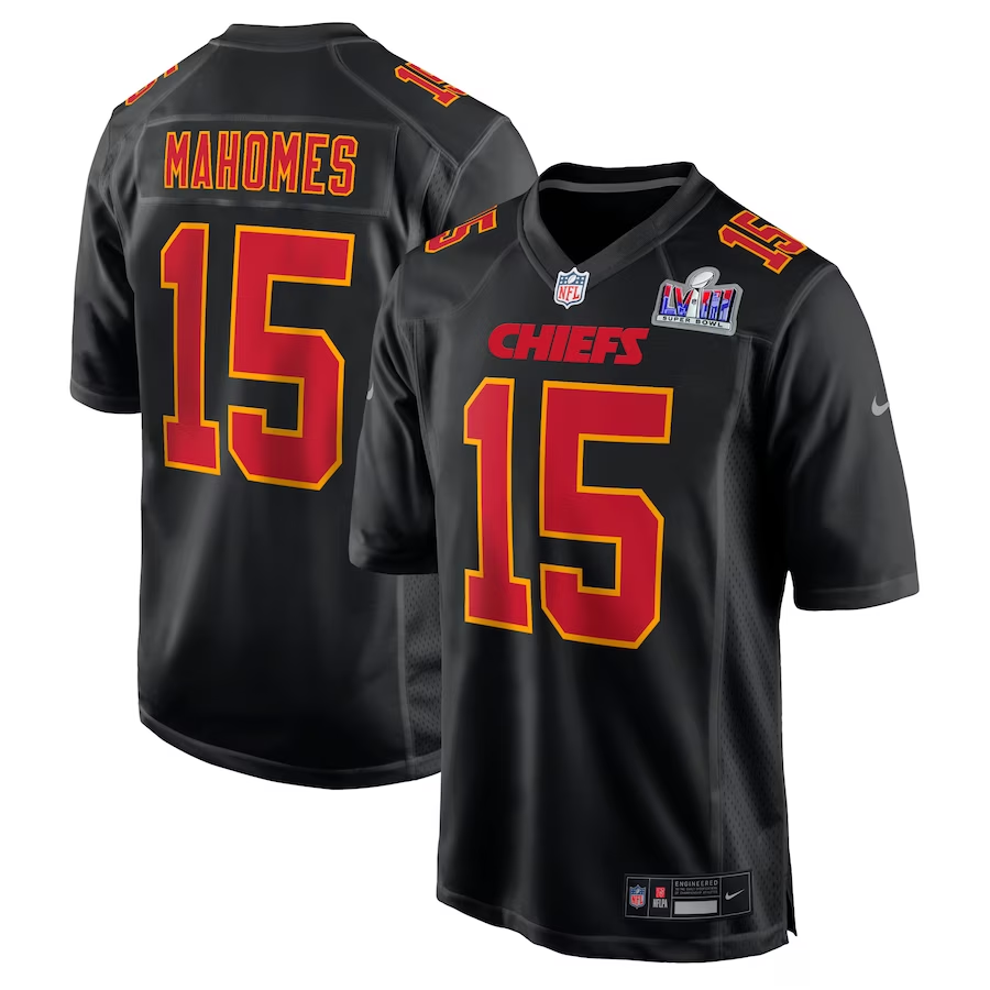 Men's Kansas City Chiefs Patrick Mahomes #15 Black Super Bowl LVIII Carbon Fashion Game Player jersey