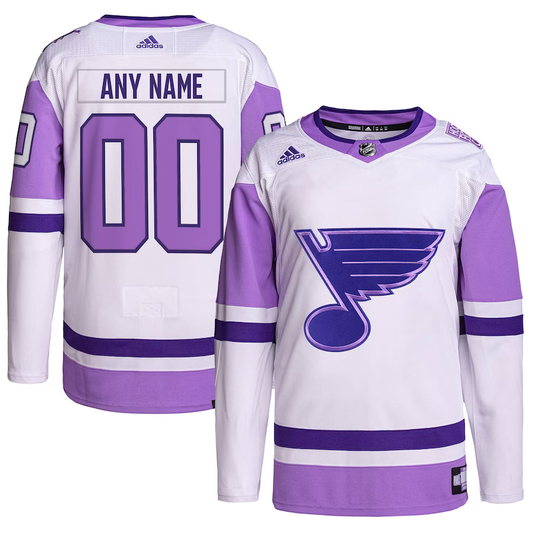 Men's St. Louis Blues White/Purple Hockey Fights Cancer Primegreen Authentic Custom jersey