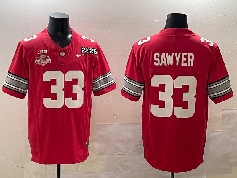 Men's Ohio State Buckeyes Jack Sawyer #33 Red 2025 CFP Final National Champions Patch F.U.S.E. Jersey