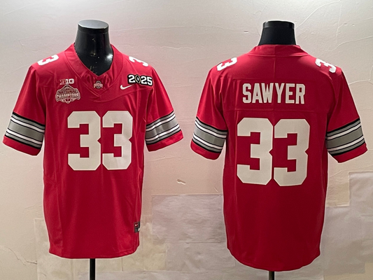 Men's Ohio State Buckeyes Jack Sawyer #33 Red 2025 CFP Final National Champions Patch F.U.S.E. Jersey