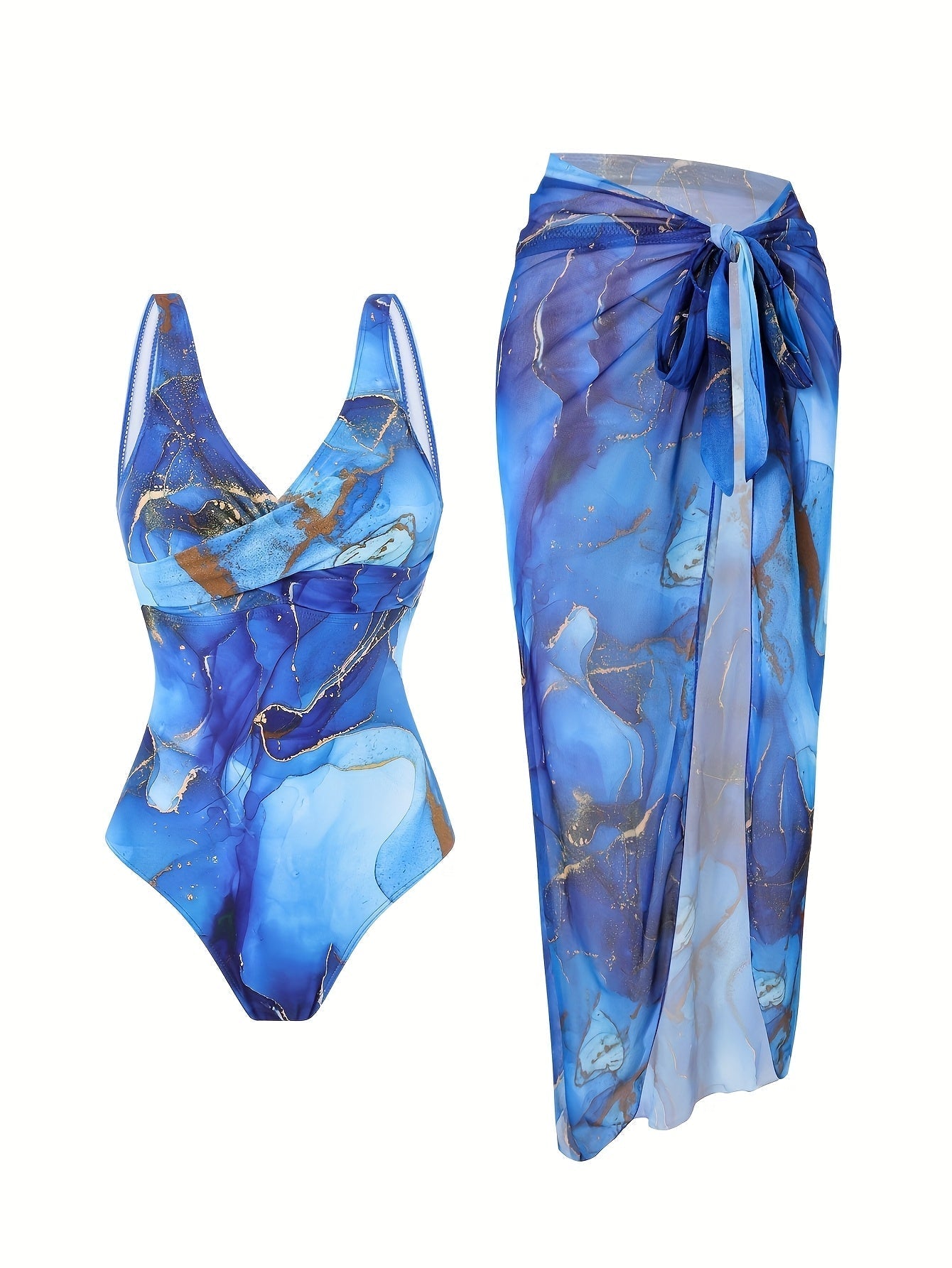 Sunscreen Two-piece Set with Stone Patterned Printed Yarn Skirt, One-piece Shoulder Strap, Round Neck Slim Fit Set, Covering The Belly to Show Off Weight, Beach Vacation Swimsuit for Women