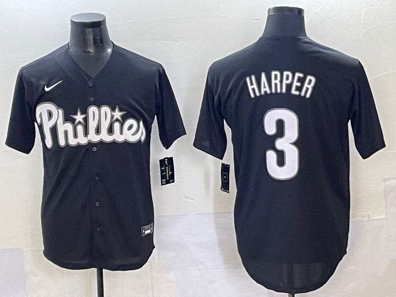Men's Philadelphia Phillies Bryce Harper #3 Black Lights Out Replica Jersey