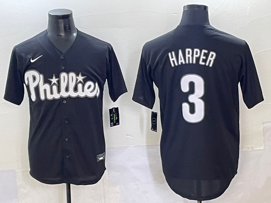 Men's Philadelphia Phillies Bryce Harper #3 Black Lights Out Replica Jersey