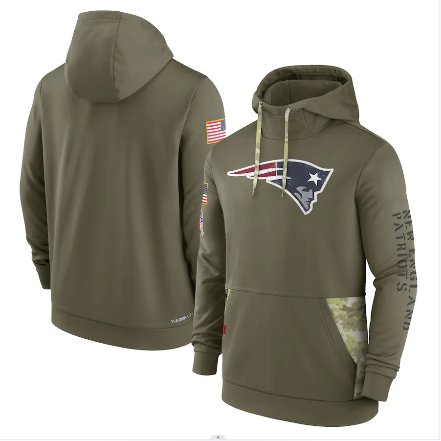 Men's New England Patriots Olive 2022 Salute to Service Therma Performance Pullover Hoodie1