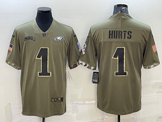 Men's Philadelphia Eagles Jalen Hurts #1 Olive 2022 Salute To Service Limited jersey