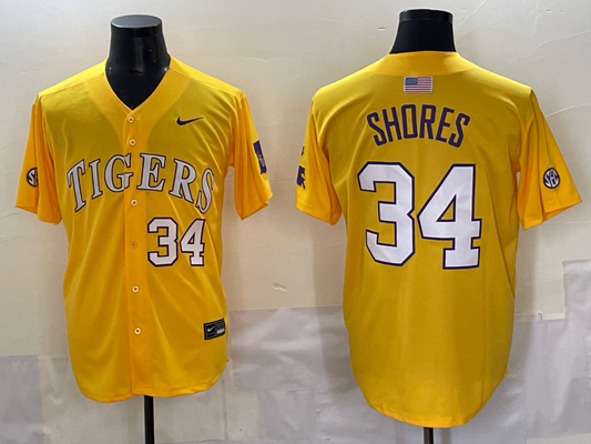 Men's LSU Tigers Chase Shores #34 Yellow Replica Player Jersey
