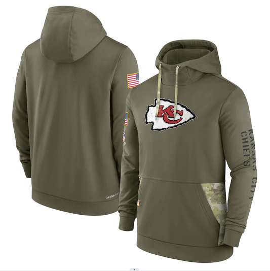 Men's Kansas City Chiefs Olive 2022 Salute to Service Therma Performance Pullover Hoodie1