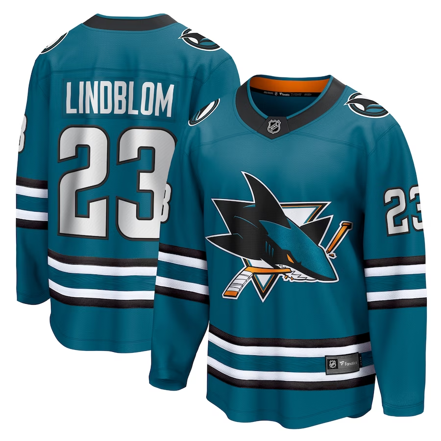 Men's San Jose Sharks Oskar Lindblom #23 Teal Home Breakaway jersey