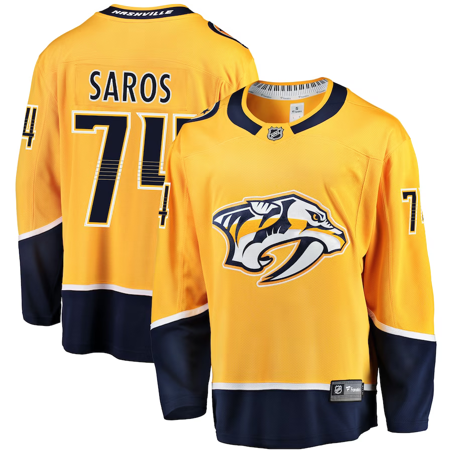 Men's Nashville Predators Juuse Saros #74 Gold Breakaway Player jersey