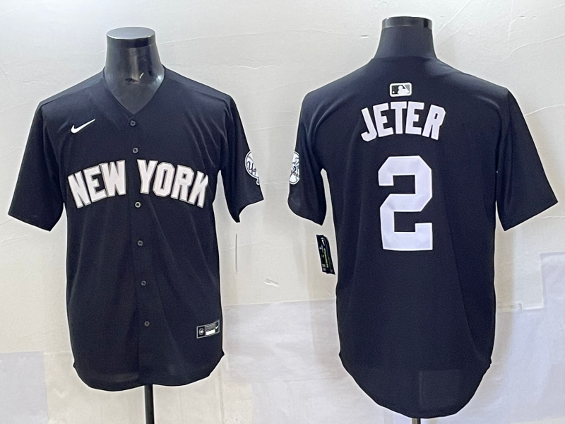 Men's New York Yankees Derek Jeter #2 Black Lights Out Replica Player Jersey