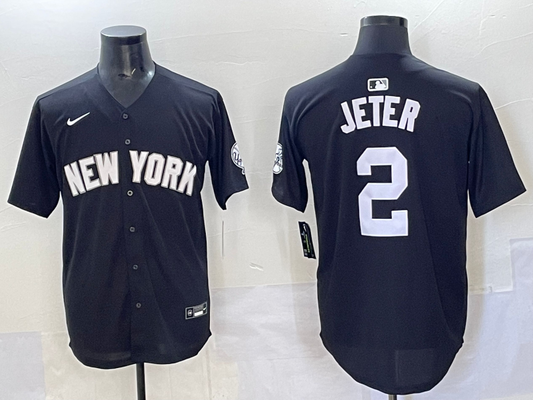 Men's New York Yankees Derek Jeter #2 Black Lights Out Replica Player Jersey