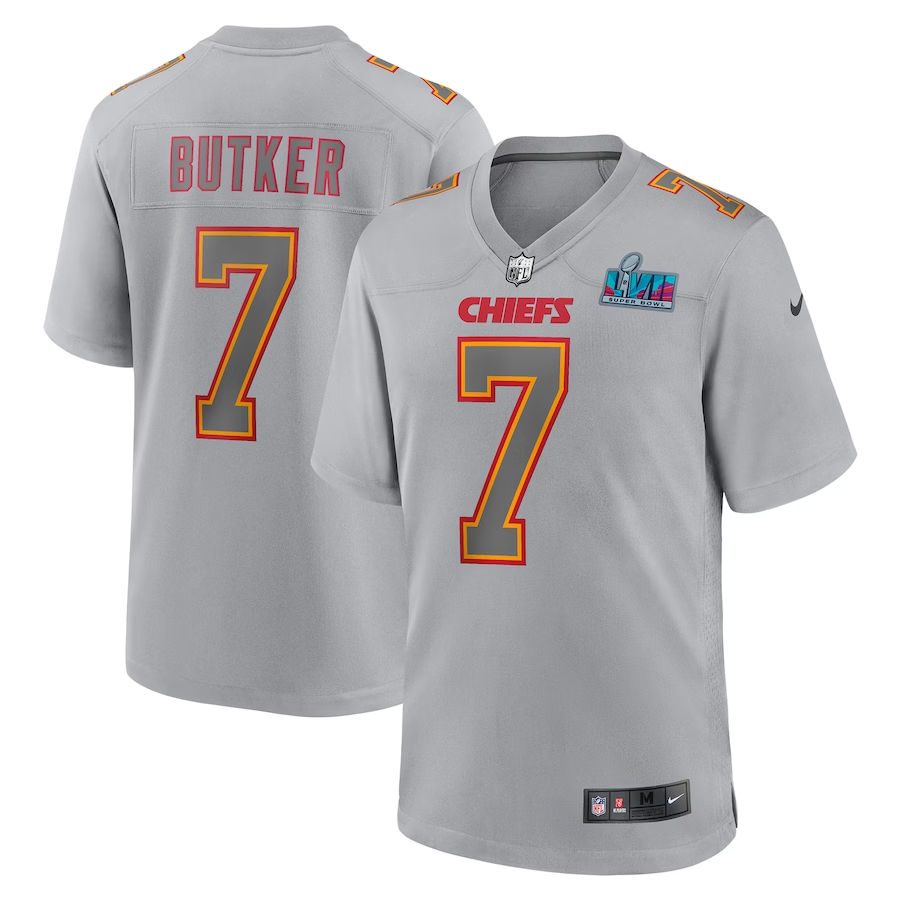 Men's Kansas City Chiefs Harrison Butker #7 Gray Super Bowl LVII Patch Atmosphere Fashion Game jersey