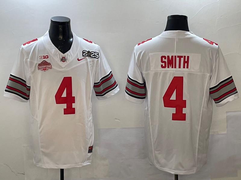 Men's Ohio State Buckeyes Jeremiah Smith #4 White 2025 CFP Final National Champions Patch F.U.S.E. Jersey