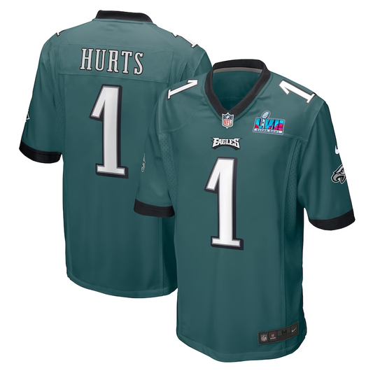 Men's Philadelphia Eagles Jalen Hurts #1 Midnight Green Super Bowl LVII Patch Game jersey