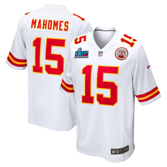 Men's Kansas City Chiefs Patrick Mahomes #15 White Super Bowl LVII Patch Away Game jersey